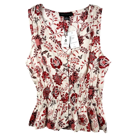 Sanctuary Tops - Sanctuary Red Floral Cotton Voile Smocked Peplum Top Sleeveless V-Neck Large NWT